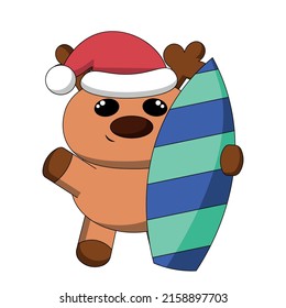 Summer christmas Reindeer with surfboard. Draw illustration in color