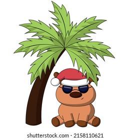 Summer christmas Reindeer under the palm tree. Draw illustration in color