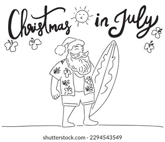 Summer Christmas with Santa Claus and surfboard line hand drawn,vector illustration.
