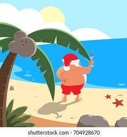 Summer christmas. Santa relax on beach.