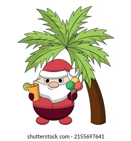 Summer christmas Santa under the palm tree. Draw illustration in color
