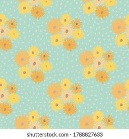Summer chrusanthemum ornament seamless pattern. Light ble dotted background with flower shapes in yellow and orange tones. Decorative print for wallpaper, textile print, fabric. Vector illustration.