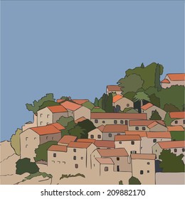 Summer ciityscape. The narrow medieval street view with old houses in the Mediterranean town. Vector illustration. 