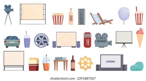 Summer cinema icons set cartoon vector. Open movie. Air parking