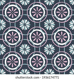 summer Circle pattern including seamless simple flower on a dark blue background.