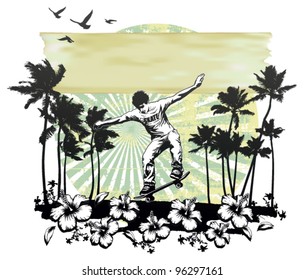 summer circle scene with hibiscus skater running and palms