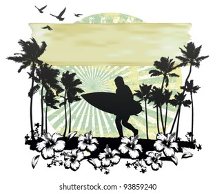 summer circle scene with hibiscus surfer running and palms