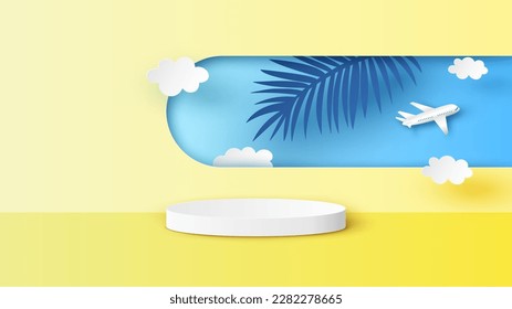 Summer circle stage podium decorated with airplane in the sky and tropical leaves. Summer mockup template. paper cut and craft style. vector, illustration.