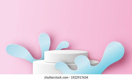 Summer circle stage podium scene decorated with water splash and blank space. Summer stage podium mockup template. paper cut and craft style. vector, illustration.