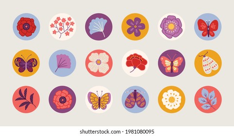 Summer circle stickers with flower, leaves, butterfly, moth, poppy, peony in Yellow, Blue, Pink, Violet and White. Perfect as icons for holidays, highlight covers