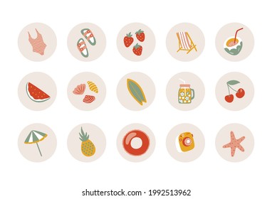 Summer circle stickers with fruits, drinks, swimsuit and beach umbrella. Perfect template for social media stories. Hand drawn vacation icons set.