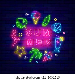 Summer circle template with line icons. Season neon label. Season discount concept. Night bright banner. Glowing effect promotion. Editable stroke. Vector stock illustration