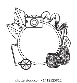 summer circular frame with camera and pineapple
