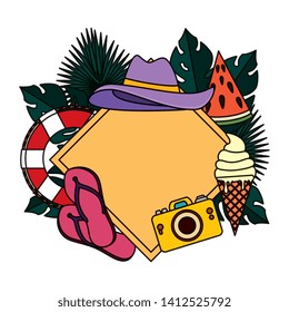 summer circular frame with leafs and summer hat