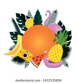 summer circular frame with leafs and set icons