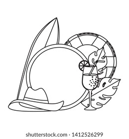summer circular frame with leafs and surfboard