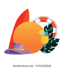 summer circular frame with leafs and surfboard