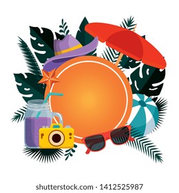 summer circular frame with leafs and umbrella