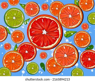 Summer citrus background with grapefruits, oranges, colorful hand drawn, vector, pattern, print for fabric