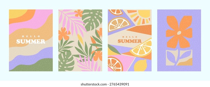 Summer Citrus and Botanical Poster Set with Orange Slices Tropical Leaves Floral Shapes and Abstract Modern Design Collection