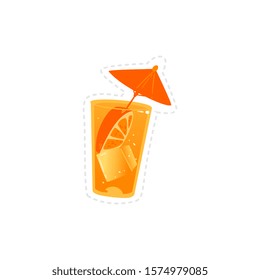 Summer citrus chilling vitamin cocktail or orange juice in glass with ice. Beach fruit shake for prints and stickers flat vector illustration isolated on white background.