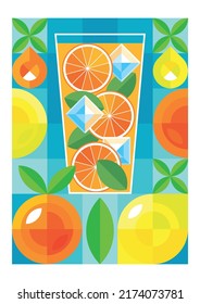 Summer citrus refreshment with ice cubes in glass. Geometric fruits poster. Modern creative background. Poster, cover, interior decor