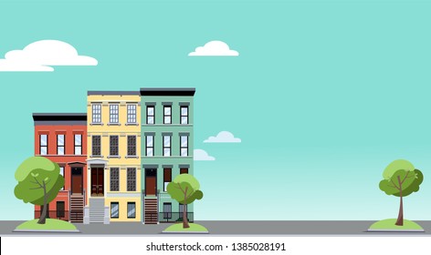 Summer in the city. Horizontal background with colorful cityscape with cozy green trees near two-storied houses. Banner with free space for text. Flat cartoon style vector illustration