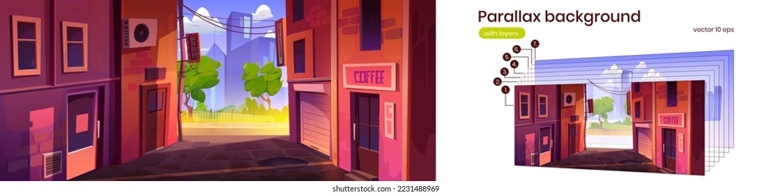 Summer city landscape with alleyway, road, park and skyscrapers on horizon. Cityscape with empty back street lane, vector cartoon parallax background ready for 2d animation