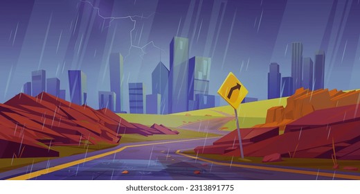 Summer city landscape with curve road and red rock cartoon vector background. Western highway with route to metropolis. Empty urban rainy panorama with turn sign direction to american cityscape