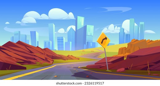 Summer city landscape with curve road and red rock cartoon vector background. Western highway with route to metropolis. Empty urban panorama with turn sign direction to american cityscape