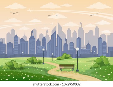 Summer city landscape in the evening vector illustration.