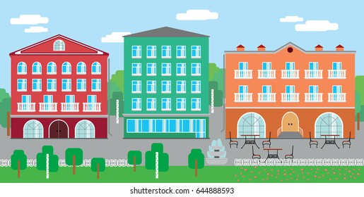 Summer city landscape. Outdoor exterior. Flat design. Old European houses with balconies. Street cafe, trees and fountain. Blue sky and clouds. Little town vector illustration.