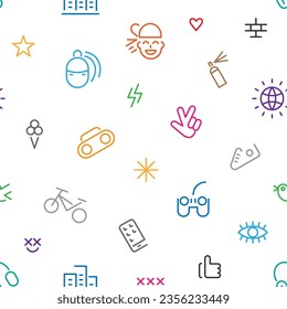 Summer city life flat line seamless vector background sign and symbols 