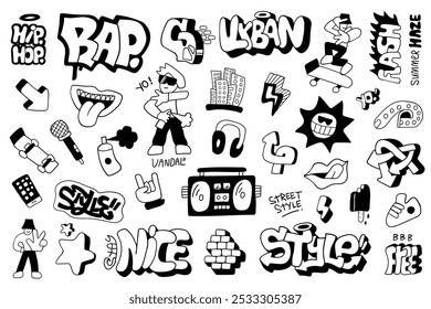 
Summer city life graffiti style doodle characters objects sign and symbols , funny background for kids