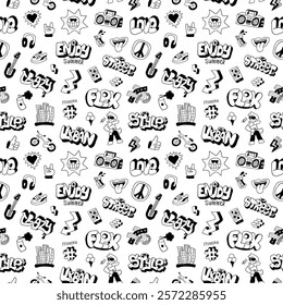 Summer city lifestyle graffiti doodle characters objects sign and symbols seamless pattern , funny vector background for kids