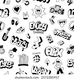 Summer city lifestyle graffiti doodle characters objects sign and symbols seamless pattern , funny vector background for kids