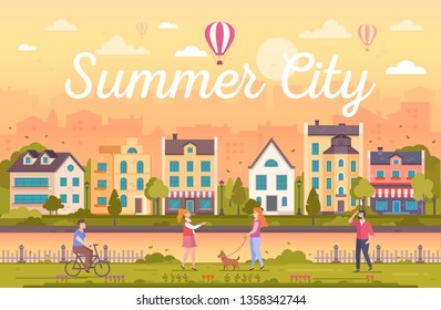 Summer city - modern flat design style vector illustration on orange background with heading. Urban landscape with nice buildings, cafes, trees, fence, lanterns, people walking, cycling, talking