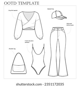 Summer In The City Outfit fashion flat technical drawing template. Outfit of the day Template. Bootcut jeans, crop knit top, shoulder bag, v-neck one-piece swimsuit, front view, set, CAD mockup.