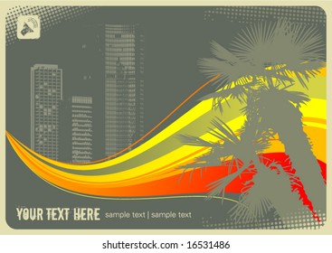 summer city with palmtrees and colorful abstract wave