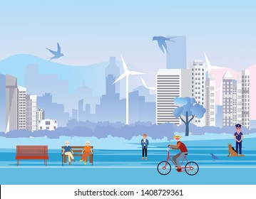 Summer city park area with people in the foreground and  silhouettes of modern buildings in the background.  vector illustration.
