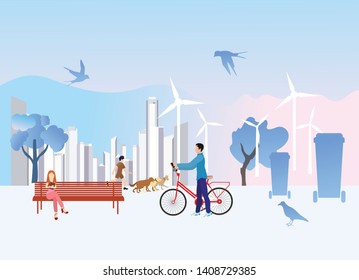 Summer city park area with people in the foreground and modern buildings in the background.  vector illustration.