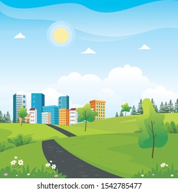 Summer city park with beautiful scenery landscape vector illustration