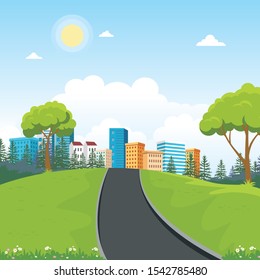 Summer City Park With Beautiful Scenery Landscape Vector Illustration