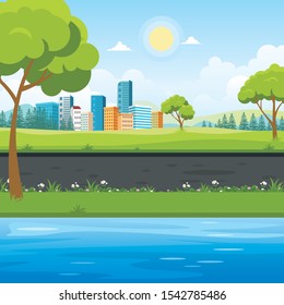 Summer city park with beautiful scenery landscape vector illustration