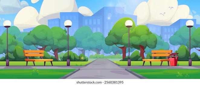 Summer city park with benches and trees. Vector cartoon illustration of urban public garden, green lawn and bushes, wooden benches, street lanterns along alleys, birds flying in sky, modern buildings