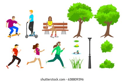 Summer city park elements set with plants water lily duck grass  people running and riding on skateboard scooter rollers isolated vector illustration