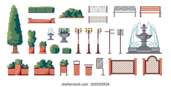 Summer city park flat elements set with fountain bushes benches lanterns decorative planters fences isolated vector illustration