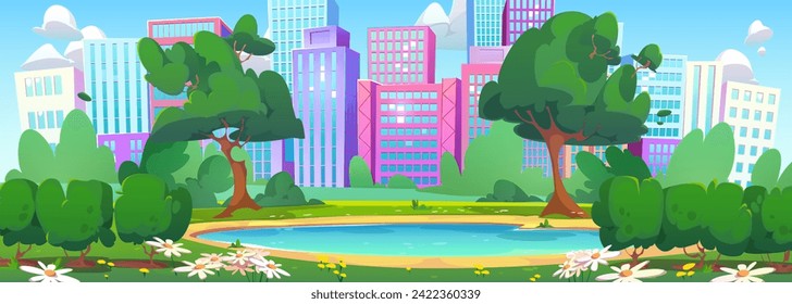 Summer city park with lake. Vector cartoon illustration of modern cityscape with skyscrapers, flowers on green lawn, bushes and trees around blue pond water, urban public garden, clouds in sunny sky