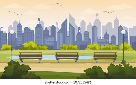 Summer city park landscape in the evening vector illustration.