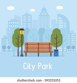 Summer city park landscape with wooden bench, street lamp, trashcan and green trees on modern city background. Pubic park banner in flat design.